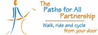 Paths for all logo - Red and Orange drawing of person on bicycle next to text - Paths for All Partnership , walk, ride and cycle from your door