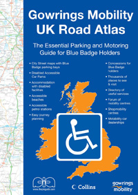 Front cover of motability atlas - blue with orange map of UK and Ireland with wheelchair symbol on top pf map